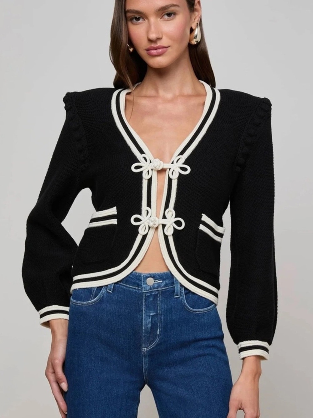 L’Agence Kaito contrast trim‎ black white cropped cardigan M